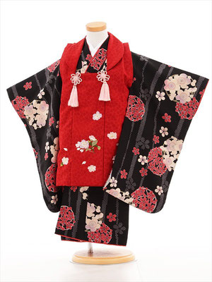七五三レンタル（3歳女）03109赤×黒刺繍桜